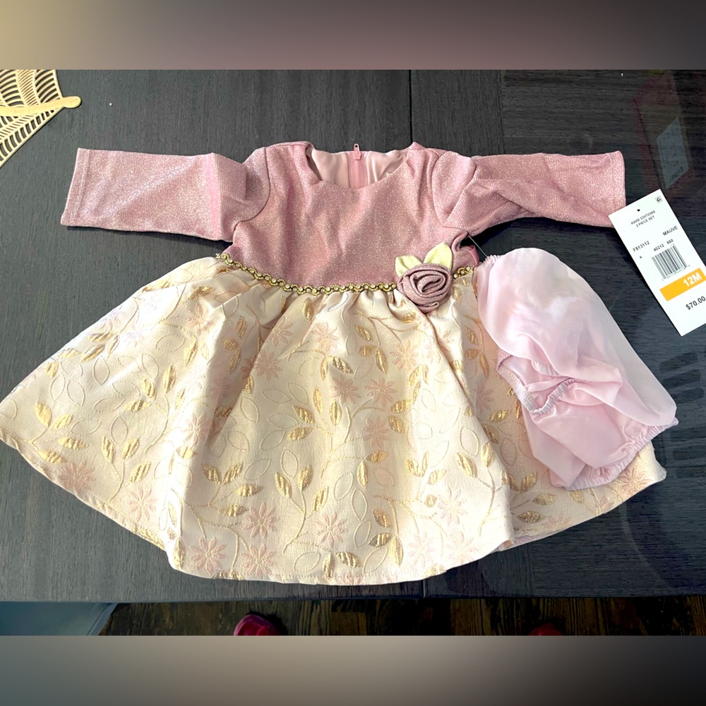 Baby Girls Long Sleeved Dress With Floral Jacquard Skirt